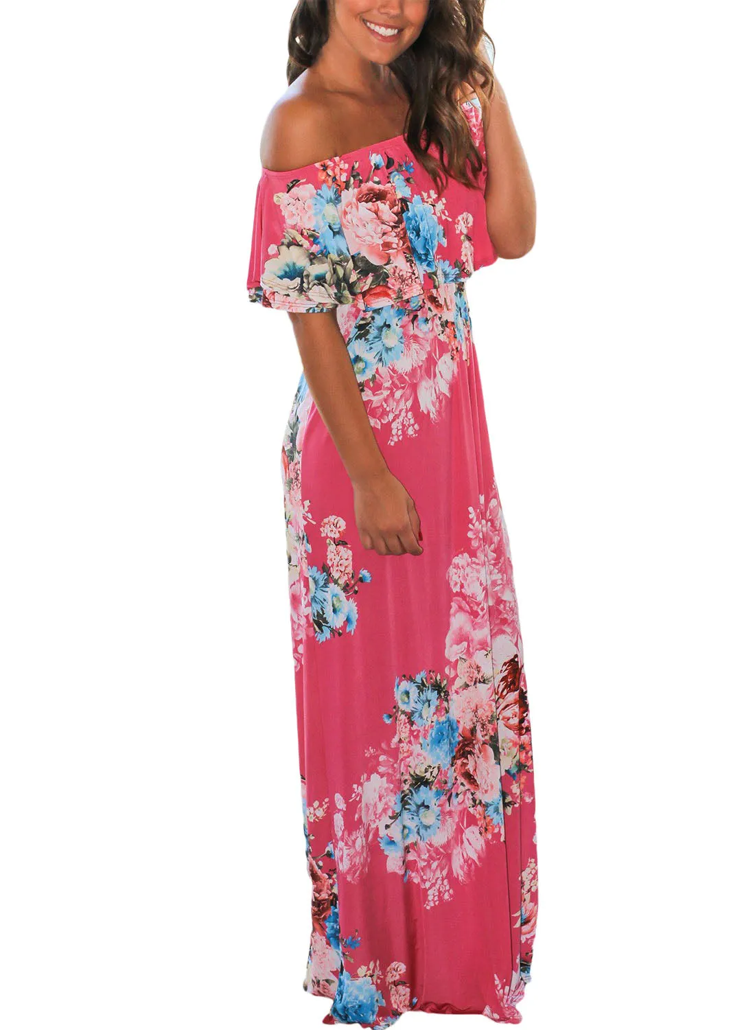 Flower Print Rosy Grounding Off Shoulder Long Boho Dress
