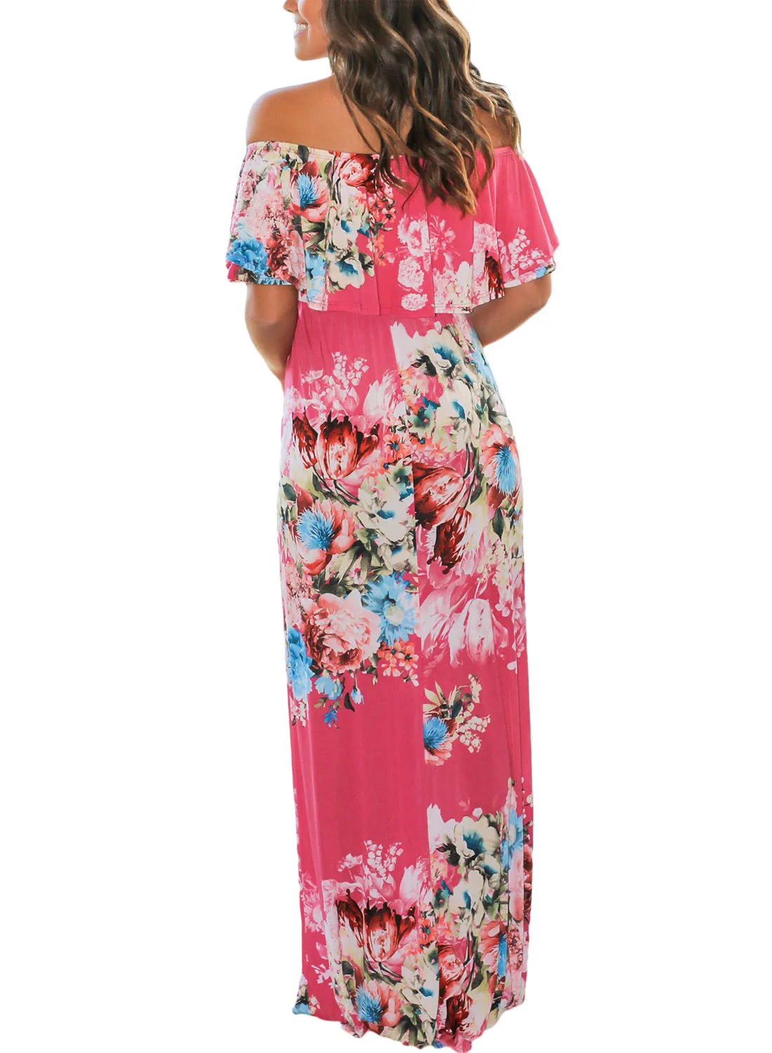 Flower Print Rosy Grounding Off Shoulder Long Boho Dress