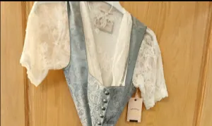 Folded Lace v-neck shaped Krueger Dirndl Blouse  Elegant Ecru short sleeve and fine lace edging at sleeves and v-neckline with folded lace  front desin