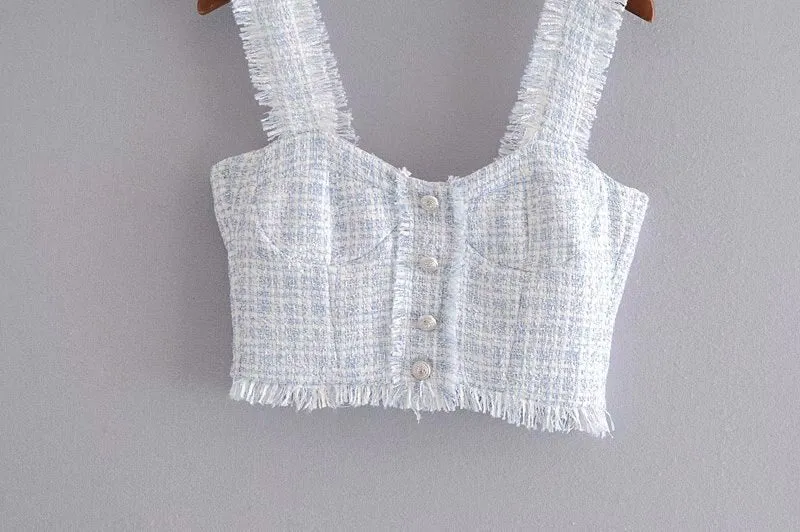 FRAYED TASSEL TWEED CROPPED TOP