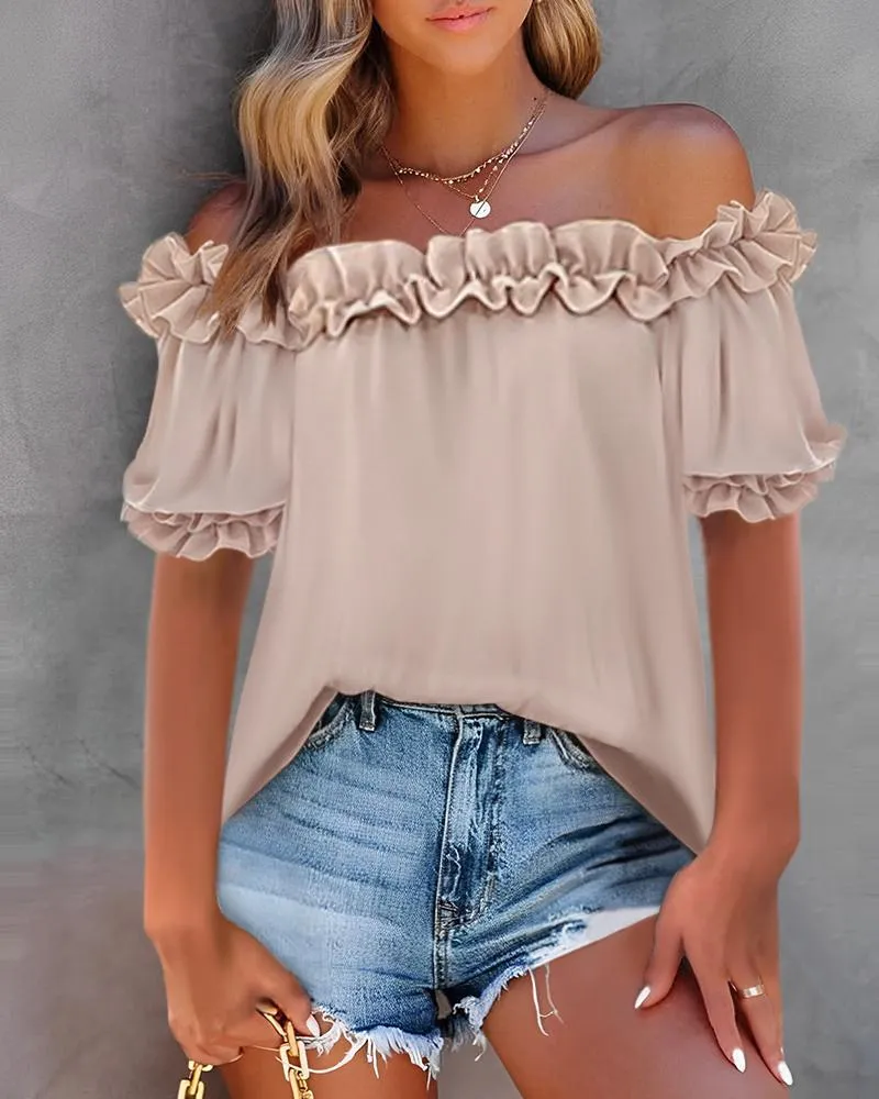 Frill Hem Off Shoulder Short Sleeve Top