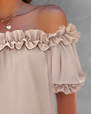 Frill Hem Off Shoulder Short Sleeve Top
