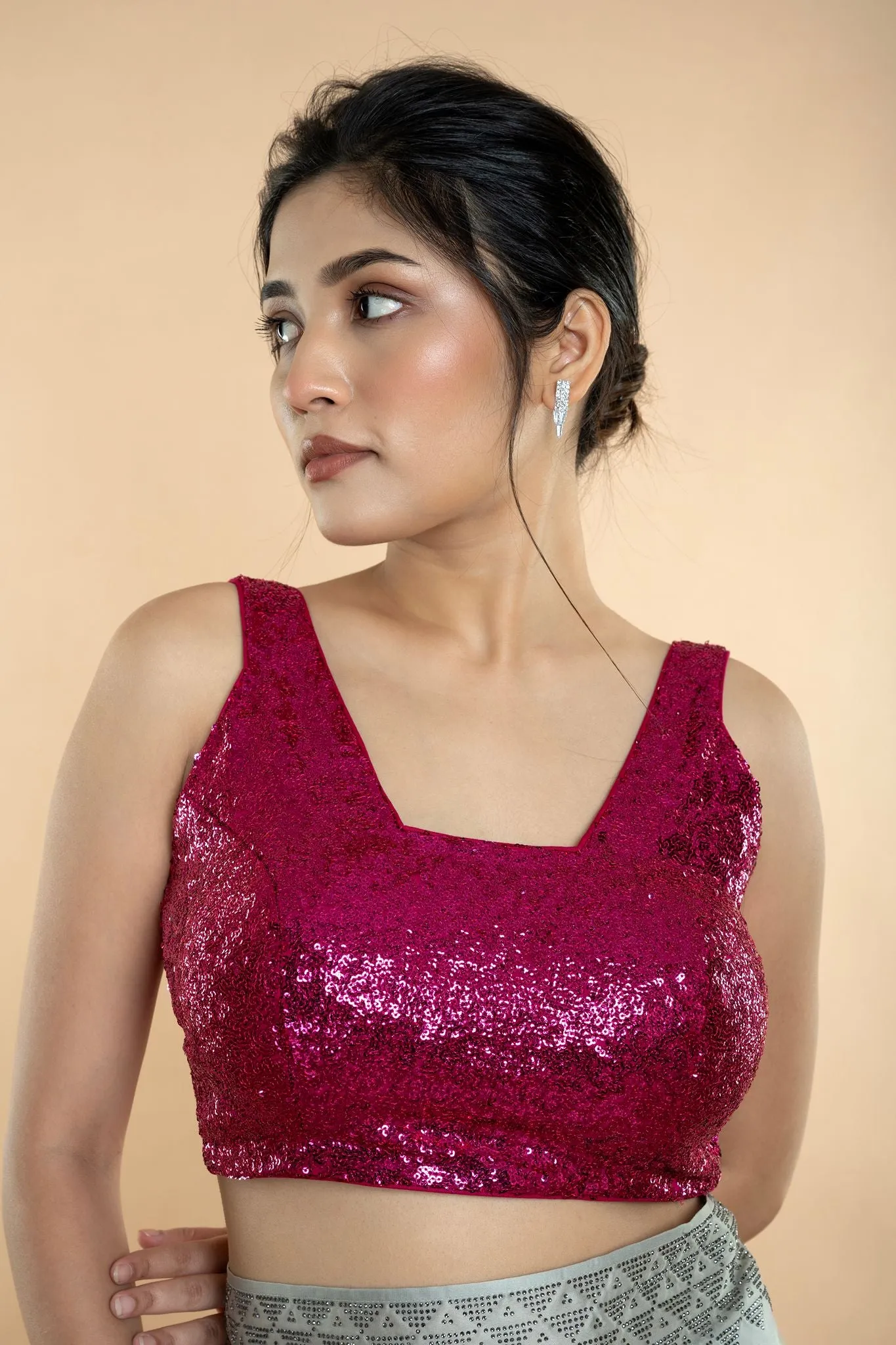 Fushia Pink Sequin Sleeveless Blouse with Scoop Neckline