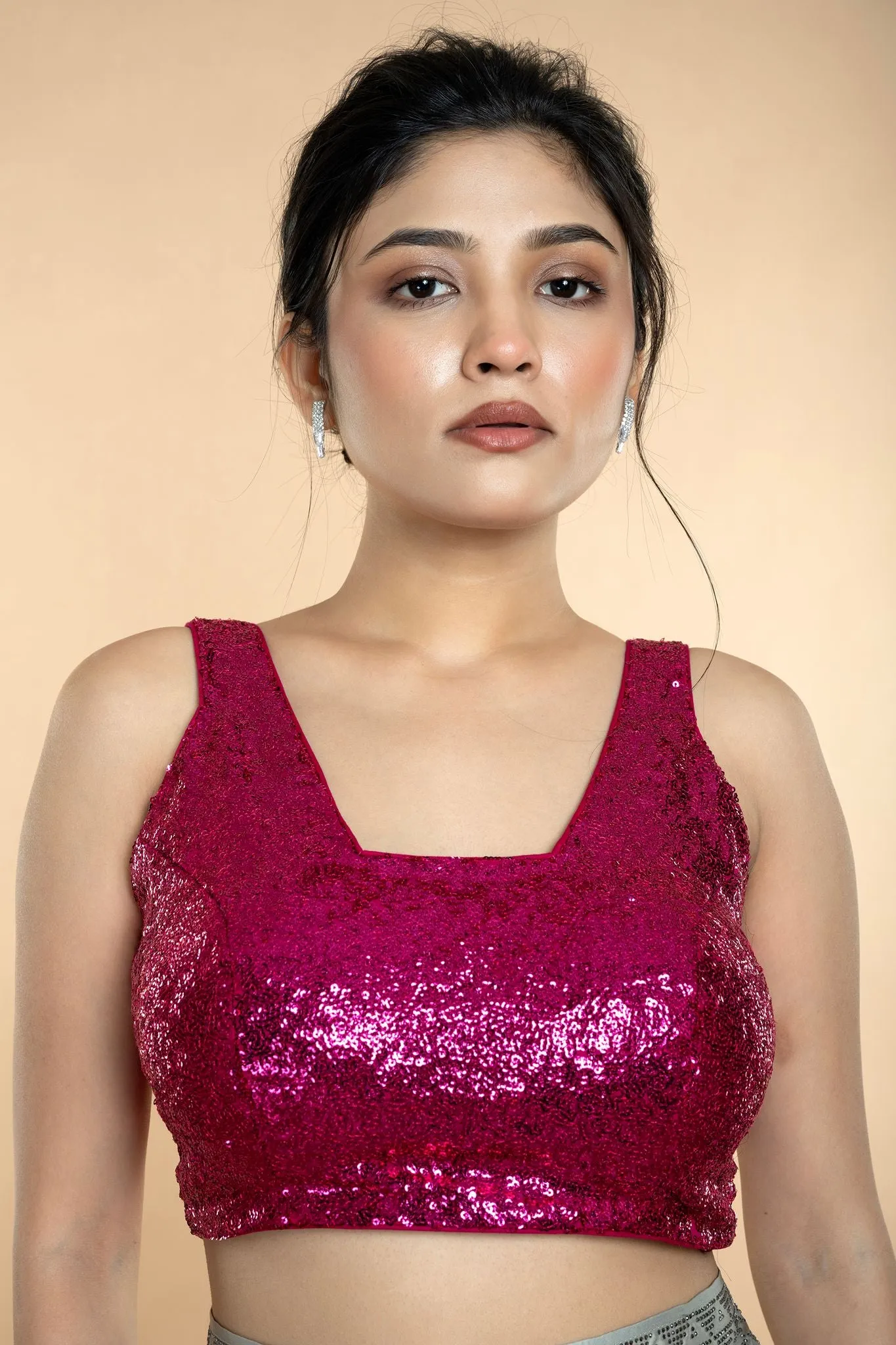 Fushia Pink Sequin Sleeveless Blouse with Scoop Neckline