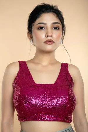 Fushia Pink Sequin Sleeveless Blouse with Scoop Neckline