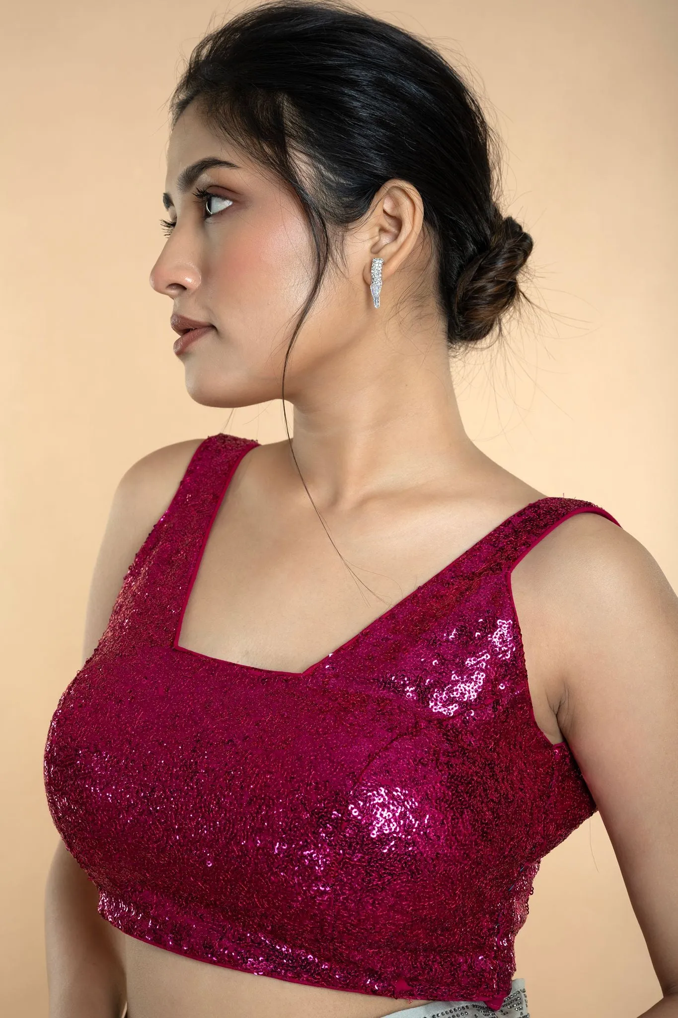 Fushia Pink Sequin Sleeveless Blouse with Scoop Neckline