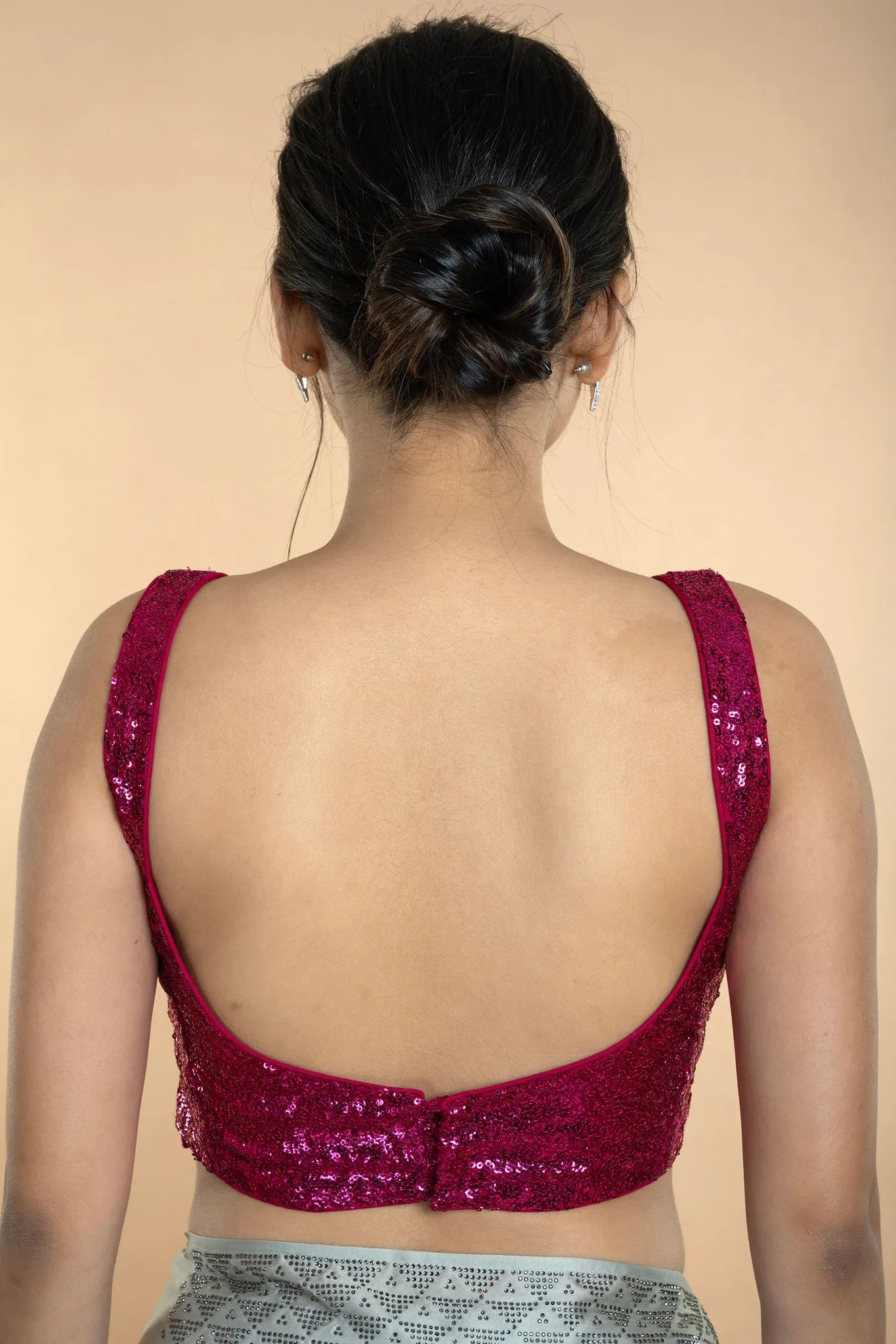 Fushia Pink Sequin Sleeveless Blouse with Scoop Neckline