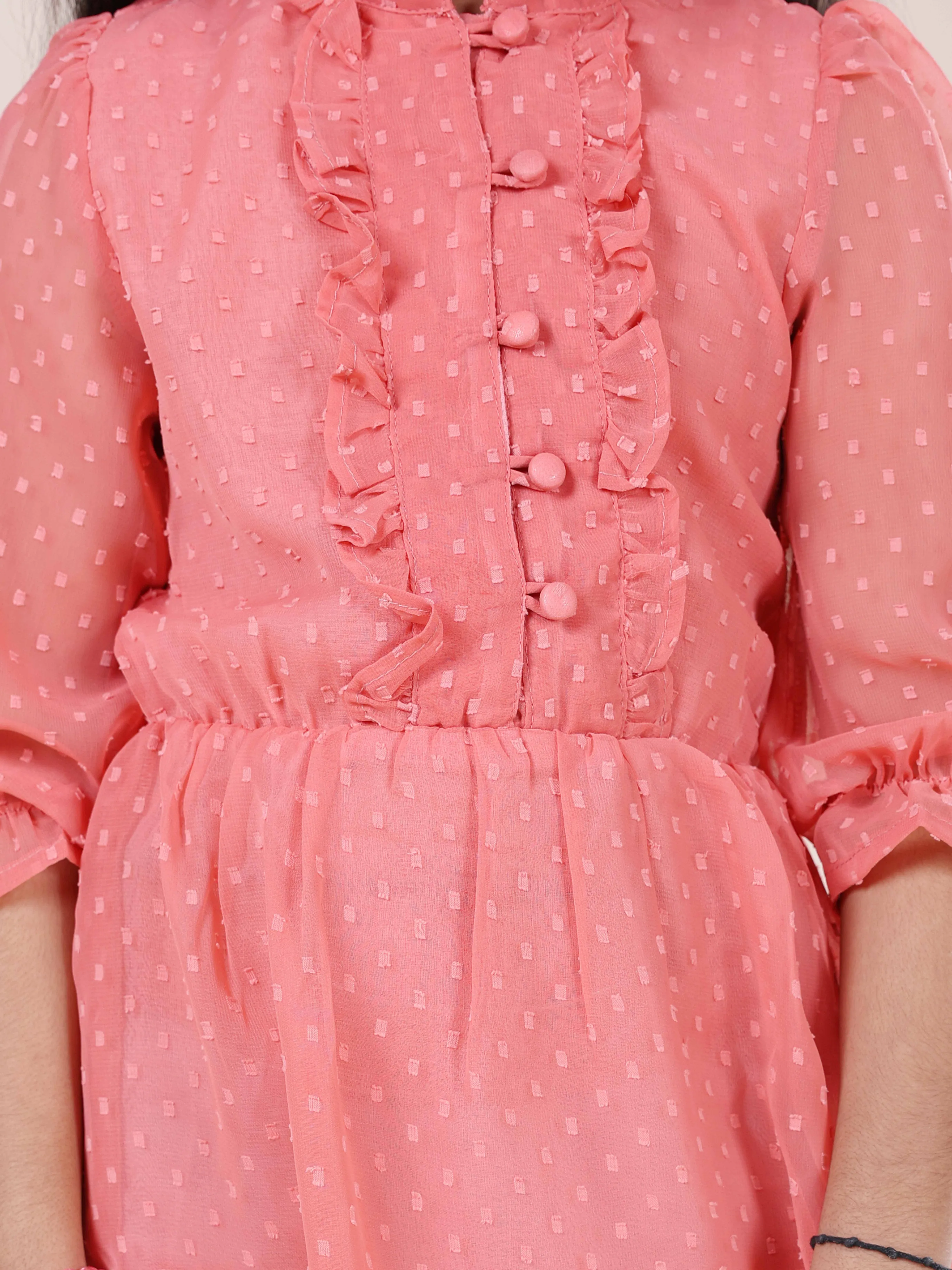 Girls Front Yoke Frill Detailed Placket Full Sleeves Dress