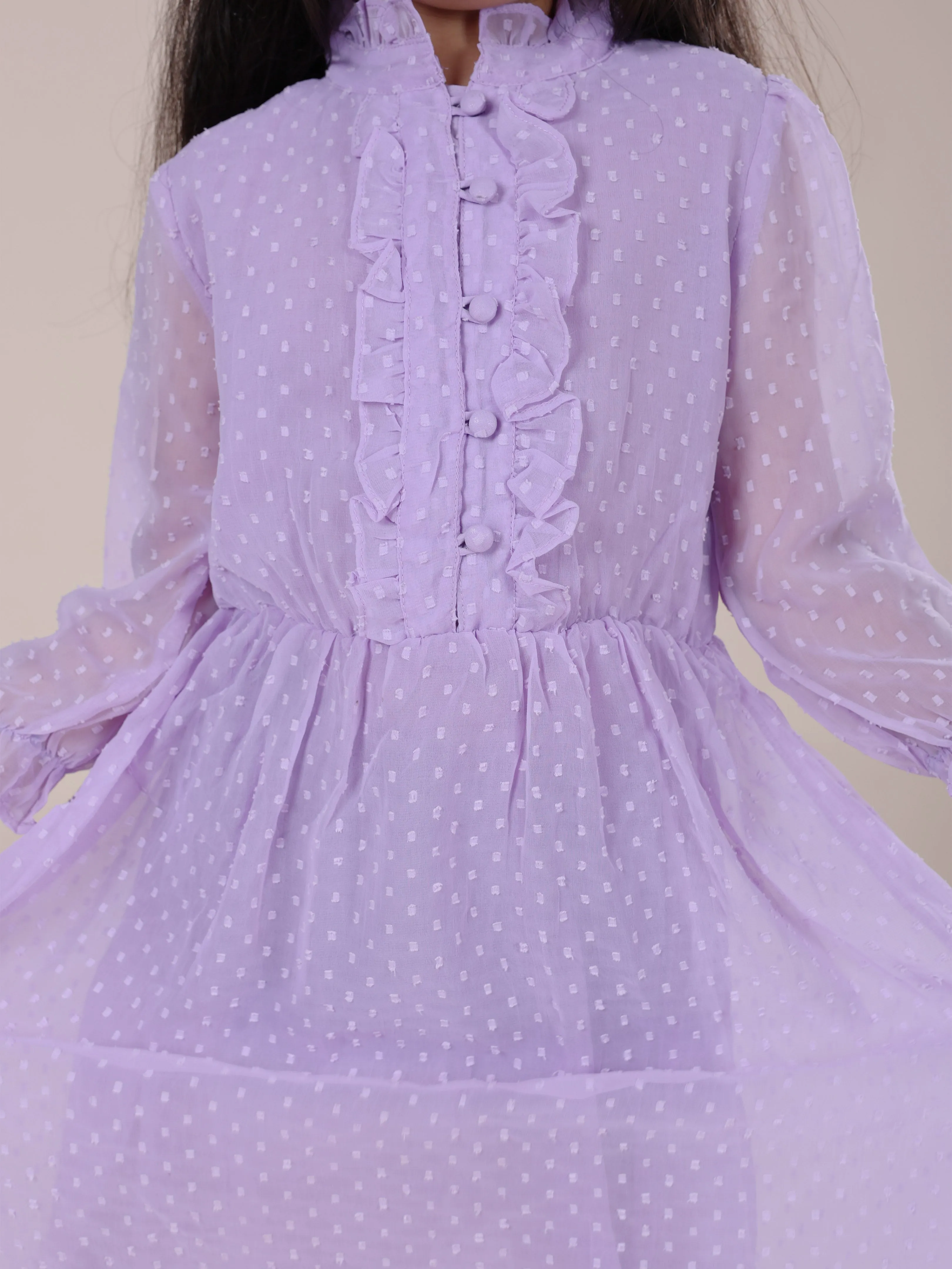 Girls Front Yoke Frill Detailed Placket Full Sleeves Dress