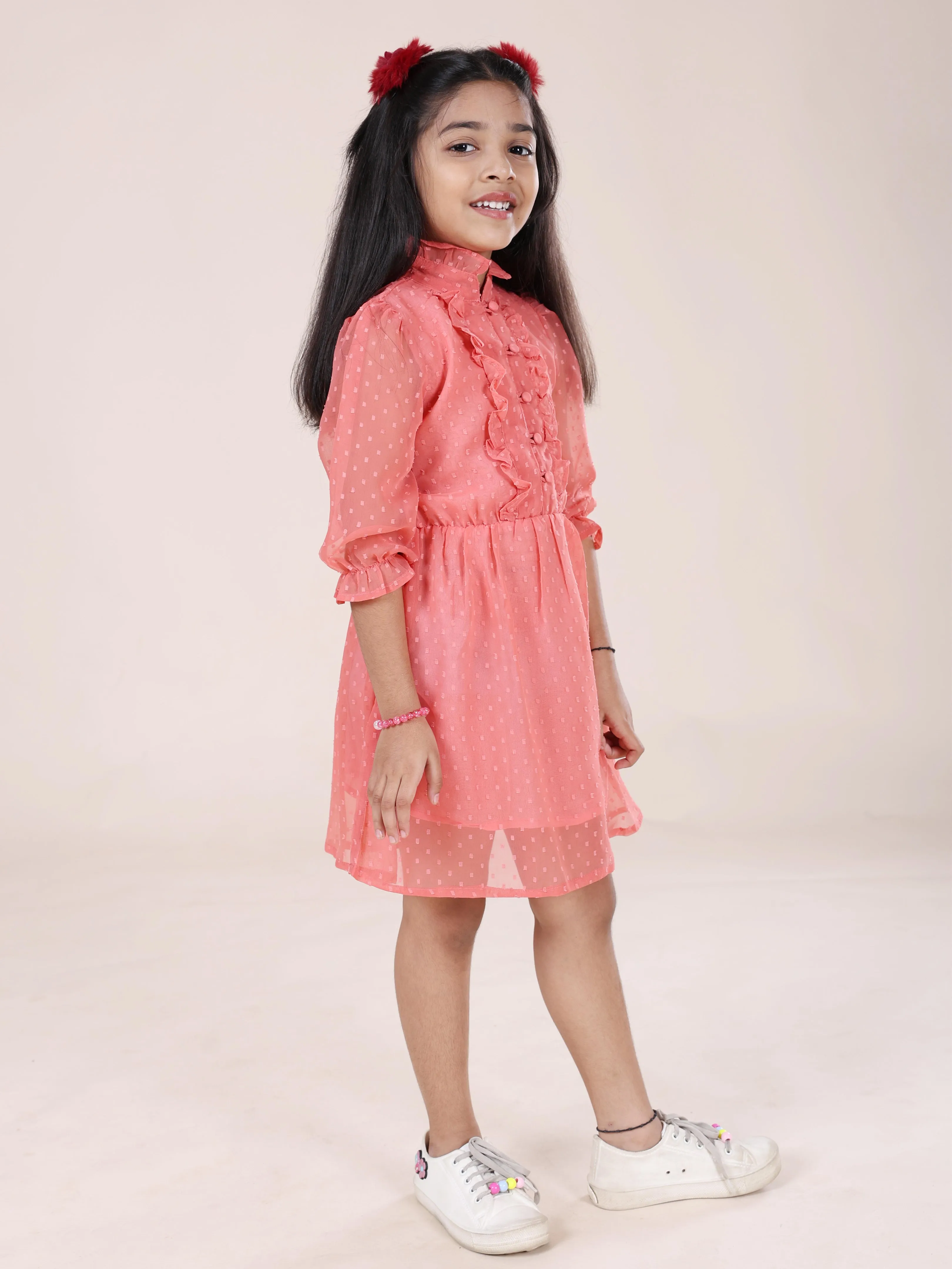 Girls Front Yoke Frill Detailed Placket Full Sleeves Dress