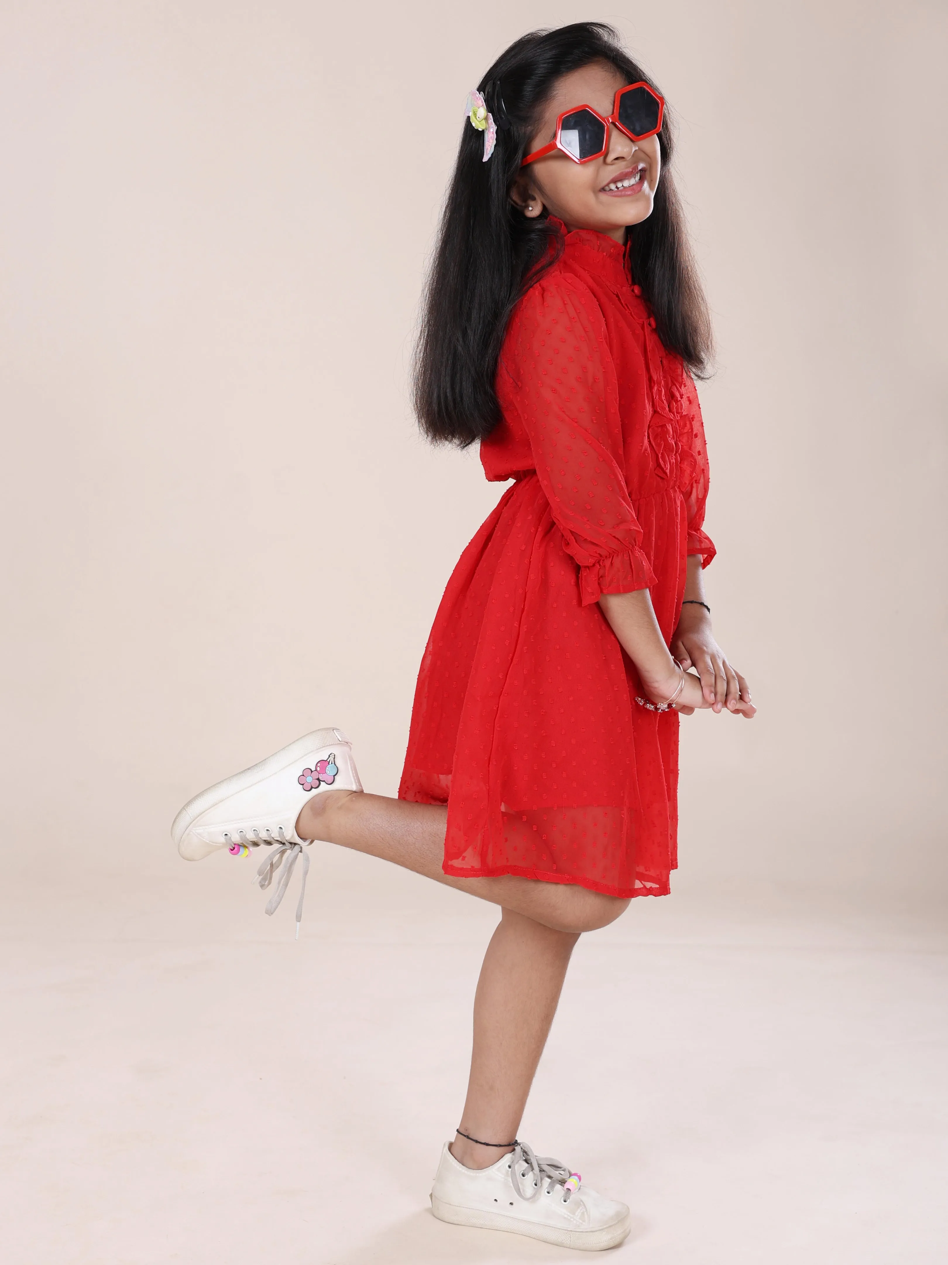 Girls Front Yoke Frill Detailed Placket Full Sleeves Dress