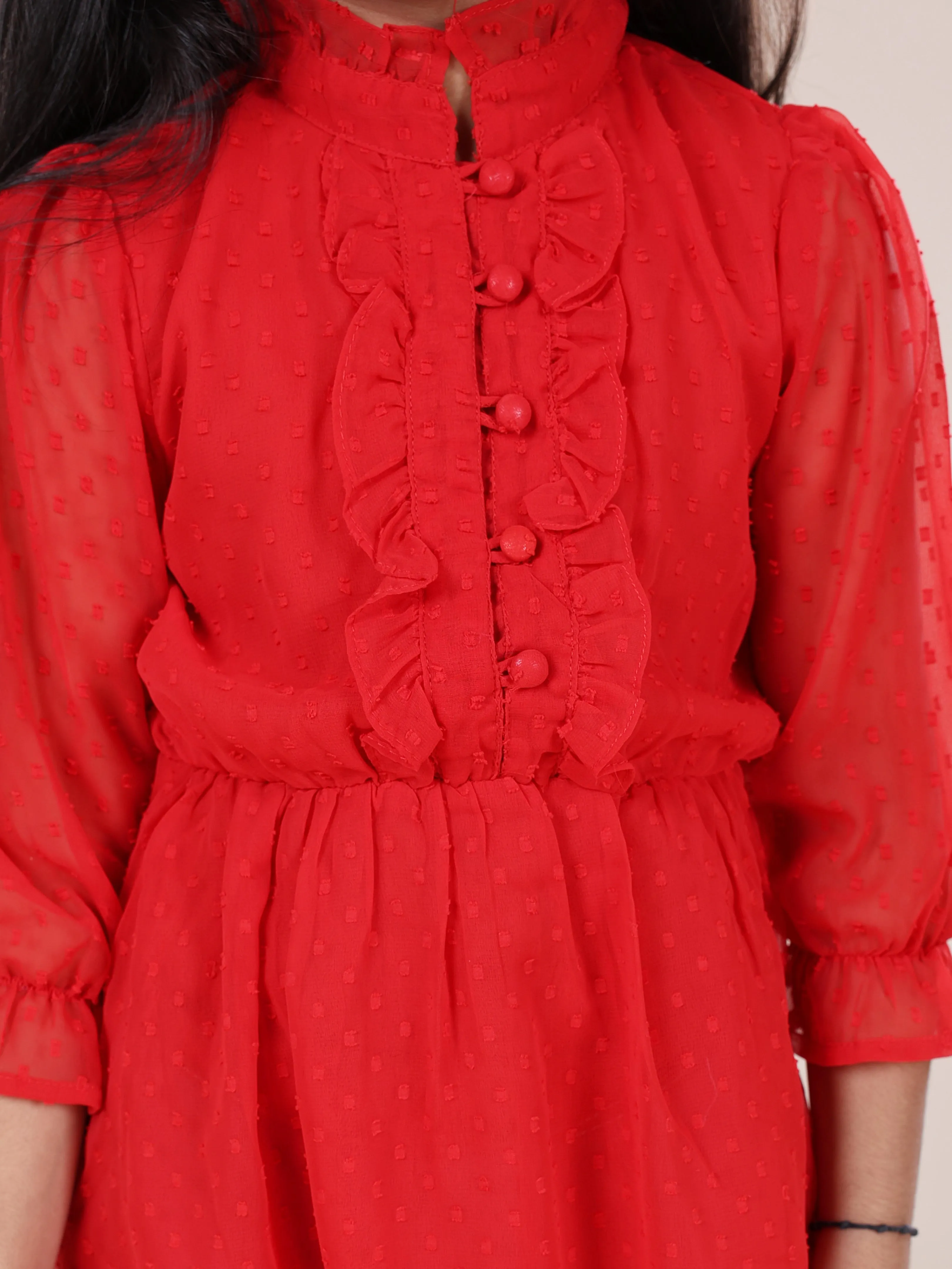 Girls Front Yoke Frill Detailed Placket Full Sleeves Dress