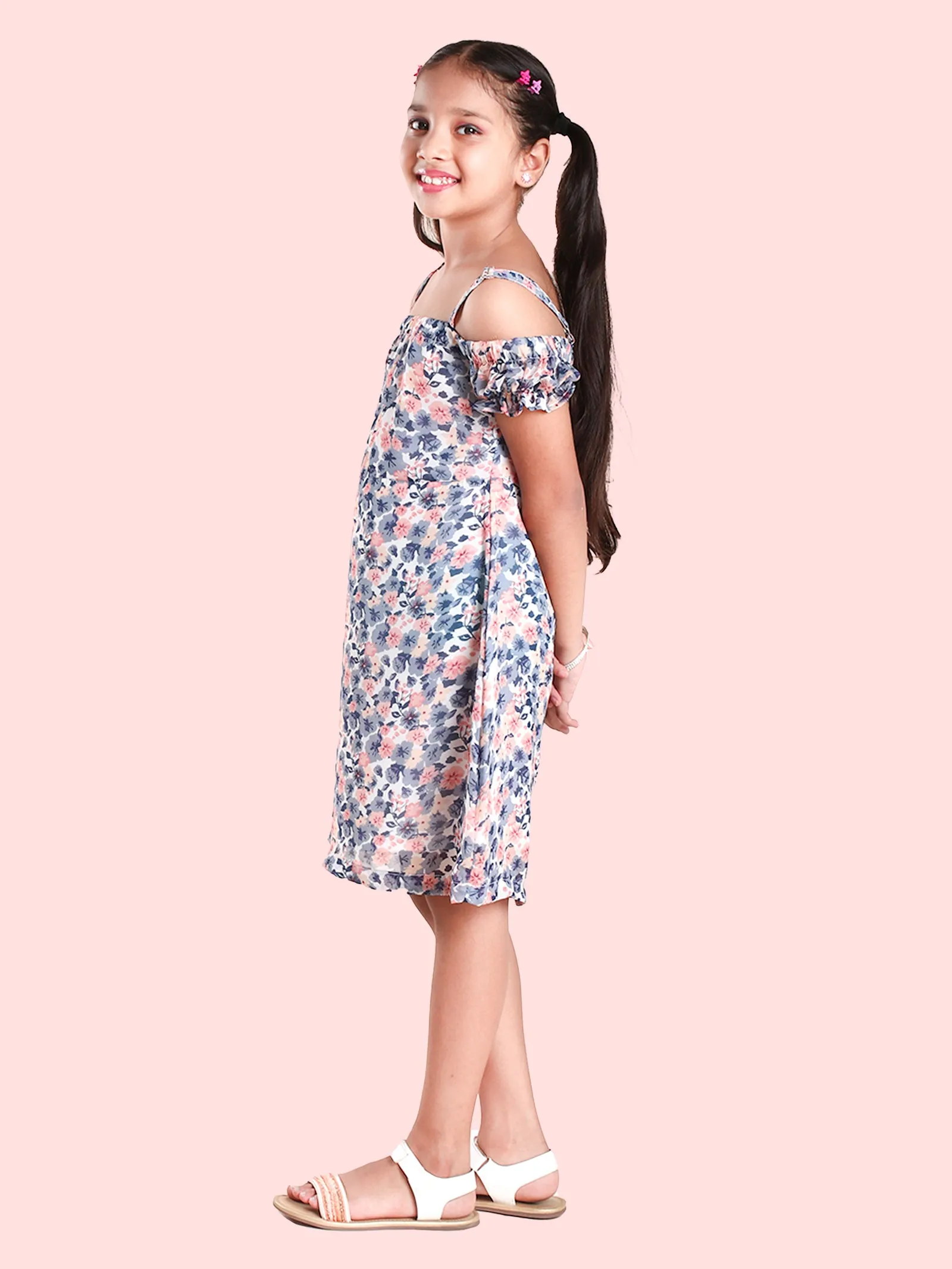 Girls Georgette Off Shoulder Puff Sleeves Dress