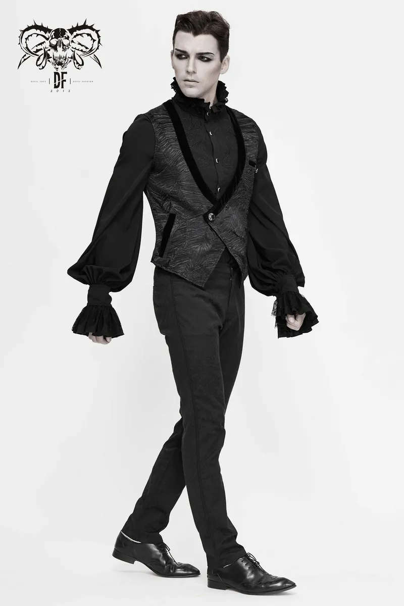 Gothic Black Short Waistcoat For Men / Vintage Male Single Button Waistcoats