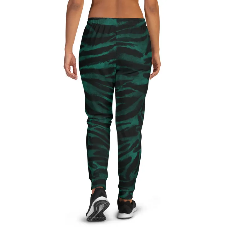Green Tiger Stripe Women's Joggers, Best Animal Print Sweatpants For Ladies-Made in EU