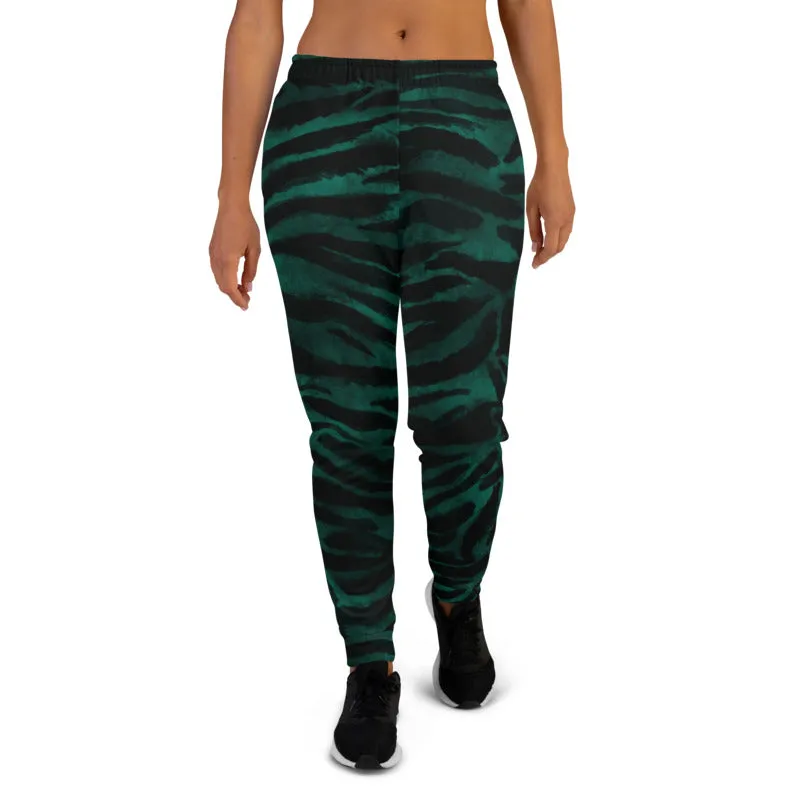 Green Tiger Stripe Women's Joggers, Best Animal Print Sweatpants For Ladies-Made in EU