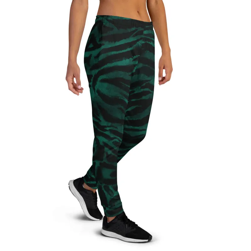 Green Tiger Stripe Women's Joggers, Best Animal Print Sweatpants For Ladies-Made in EU