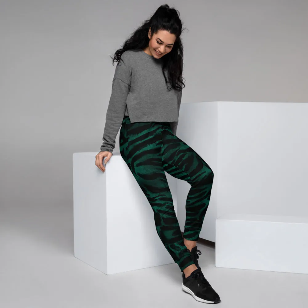 Green Tiger Stripe Women's Joggers, Best Animal Print Sweatpants For Ladies-Made in EU