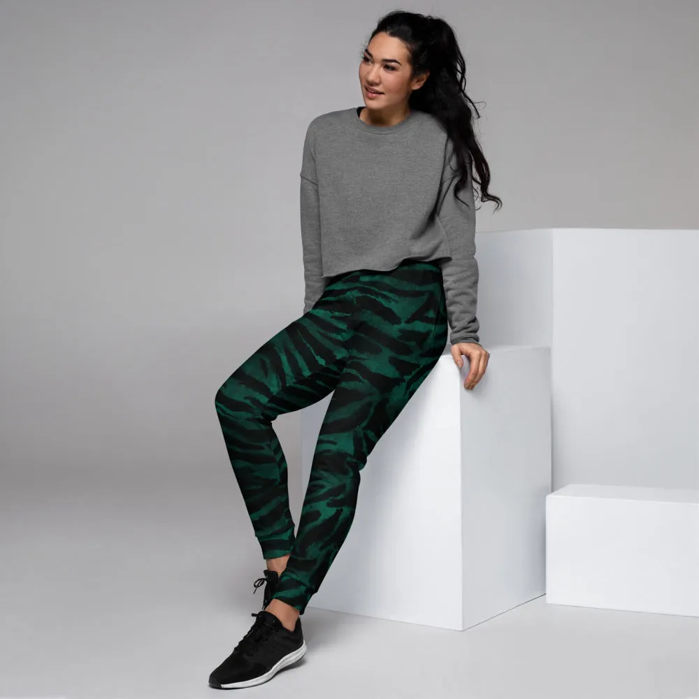 Green Tiger Stripe Women's Joggers, Best Animal Print Sweatpants For Ladies-Made in EU
