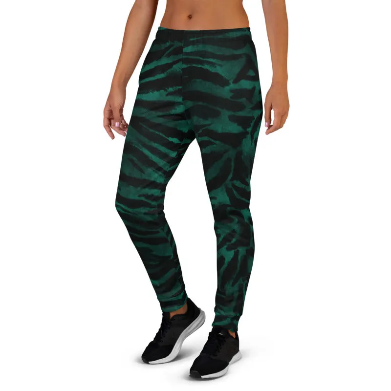 Green Tiger Stripe Women's Joggers, Best Animal Print Sweatpants For Ladies-Made in EU