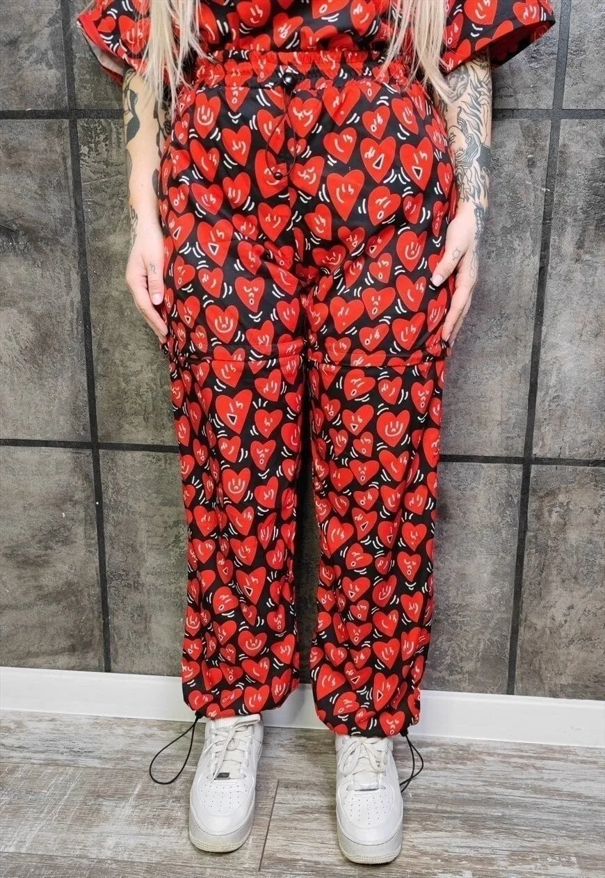 Heart joggers detachable handmade shorts rave pants in red