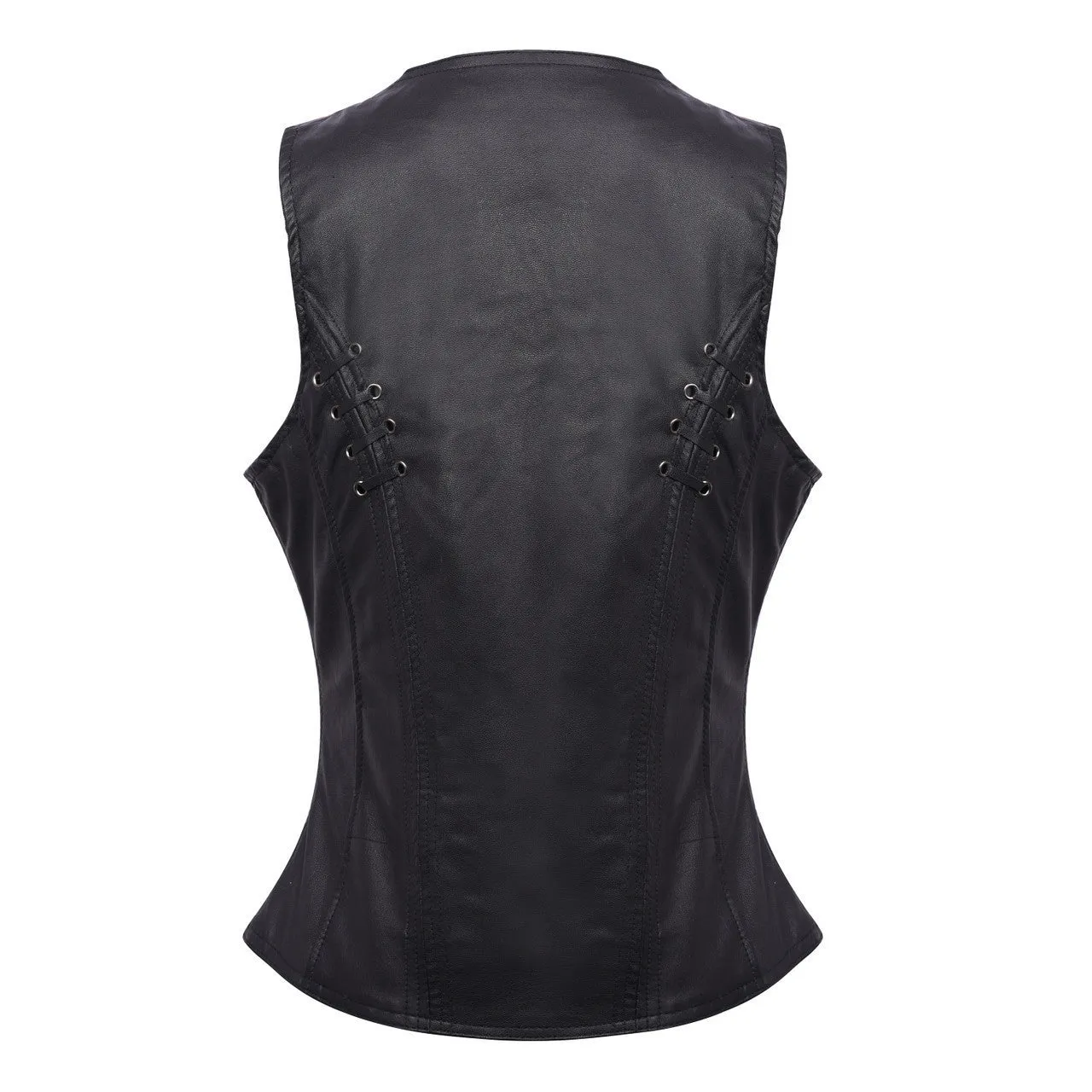 High Mileage Women's Black Premium Soft Goatskin Leather Vest With Twill Lace and Grommet Highlights