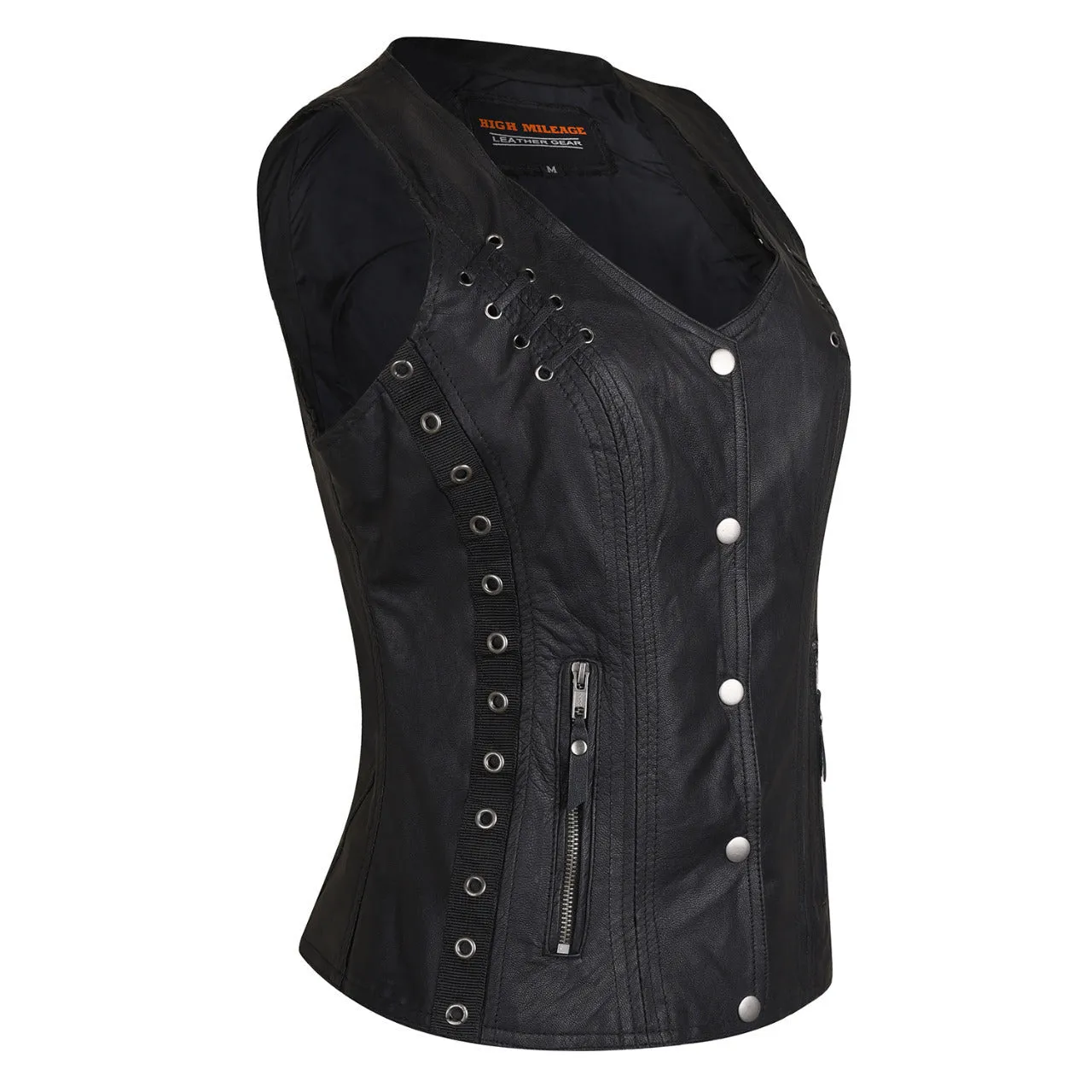 High Mileage Women's Black Premium Soft Goatskin Leather Vest With Twill Lace and Grommet Highlights
