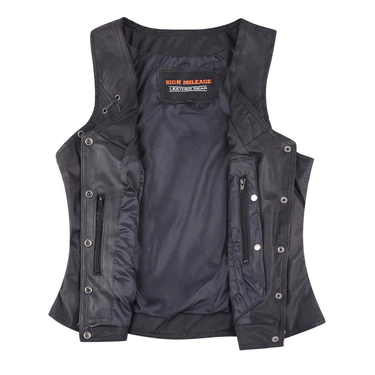 High Mileage Women's Black Premium Soft Goatskin Leather Vest With Twill Lace and Grommet Highlights