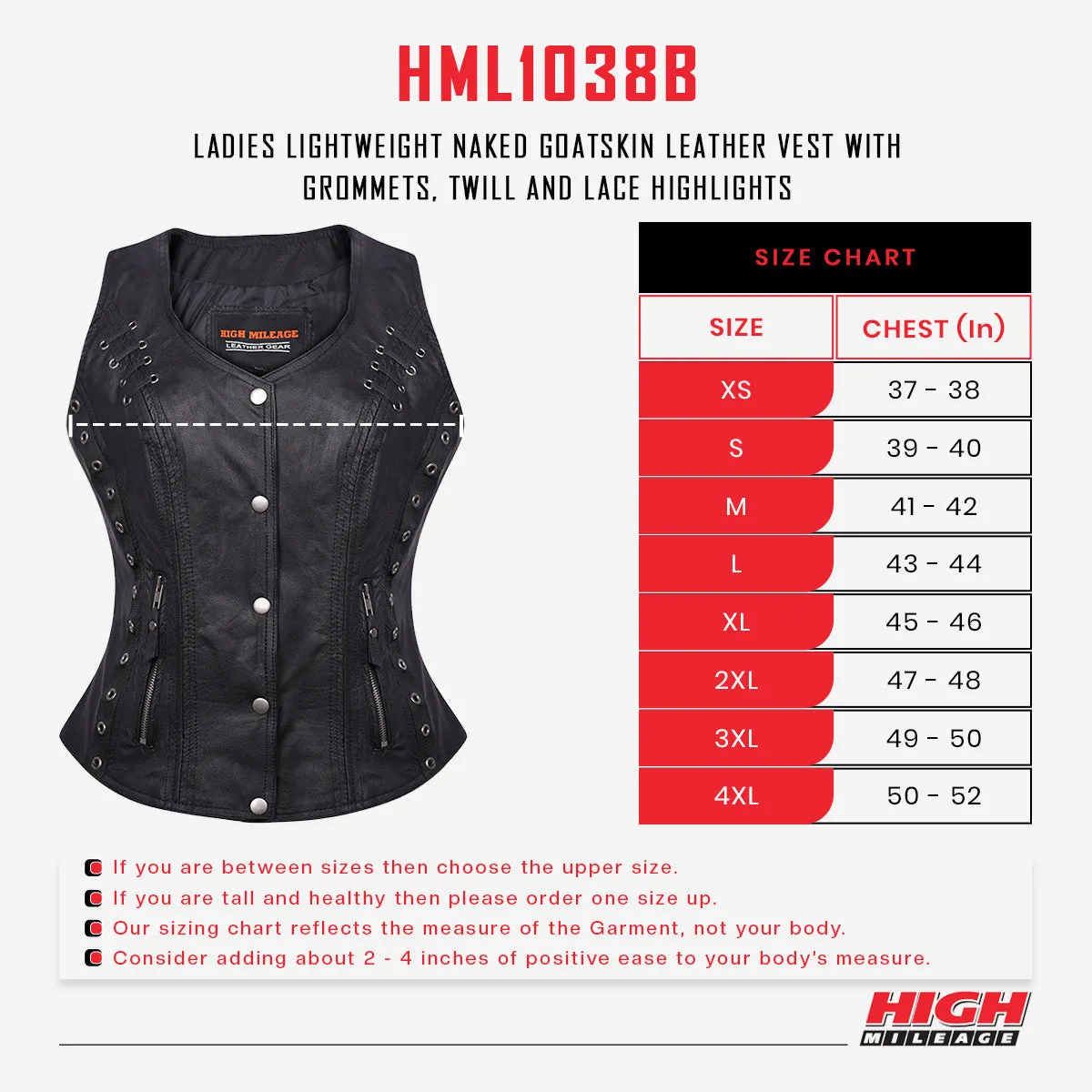 High Mileage Women's Black Premium Soft Goatskin Leather Vest With Twill Lace and Grommet Highlights