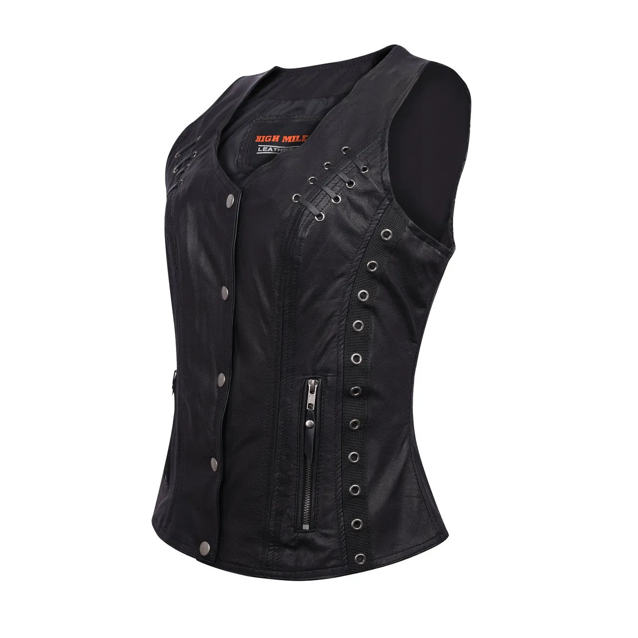 High Mileage Women's Black Premium Soft Goatskin Leather Vest With Twill Lace and Grommet Highlights