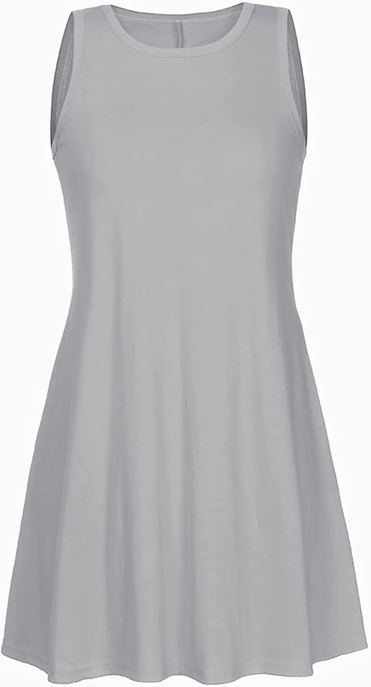 hlysgo Beach Dresses for Women 2025 Summer Sleeveless Crew Neck Casual Dress Solid Soft Comfy Mini Sundress with Pockets