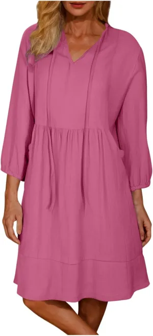 hlysgo Women's Mini Dress with Pockets 2025 Summer Casual 3/4 Sleeve V Neck Short Dress Trendy Knee Length Going Out Dresses