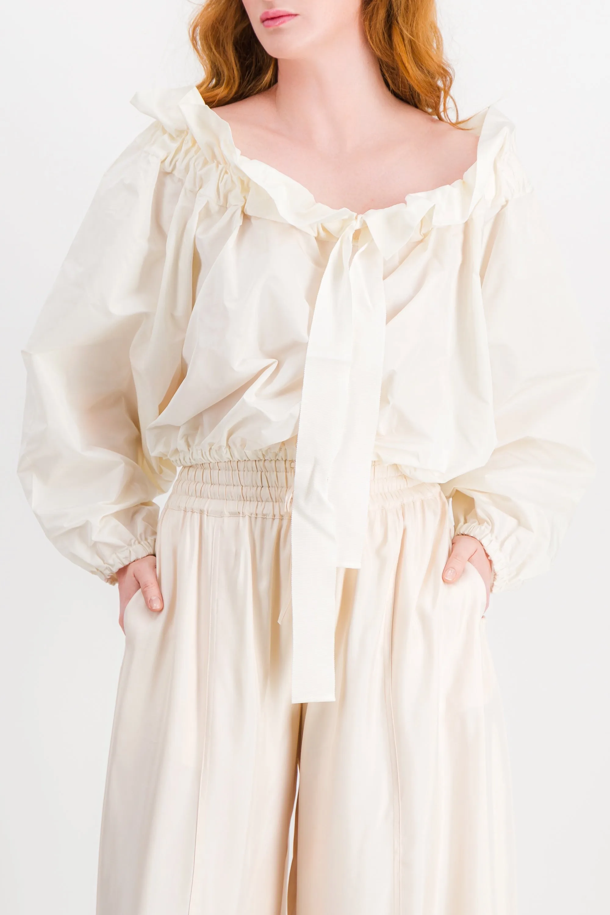 Ivory gros grain cropped voluminous blouse