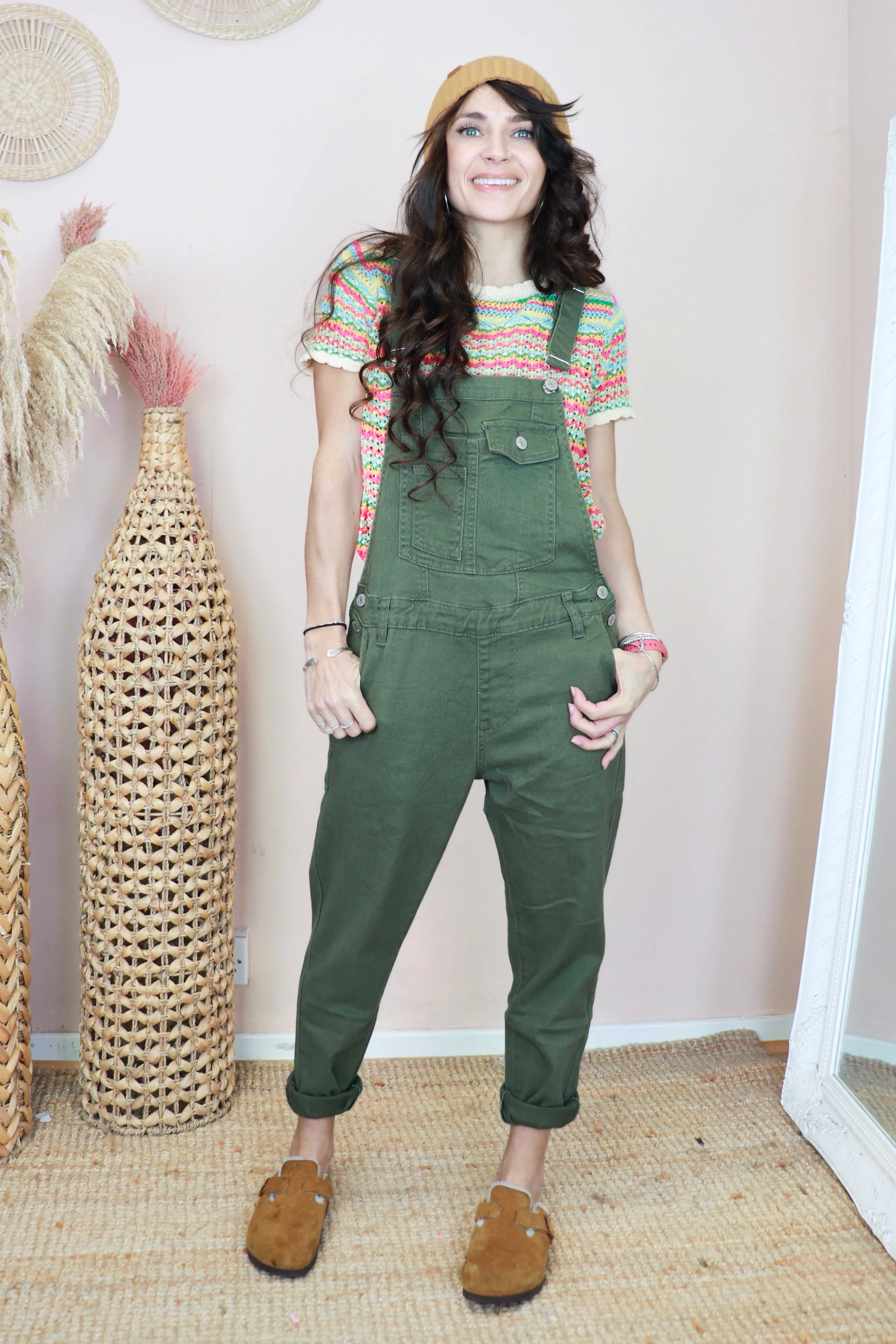 Khaki denim dungarees