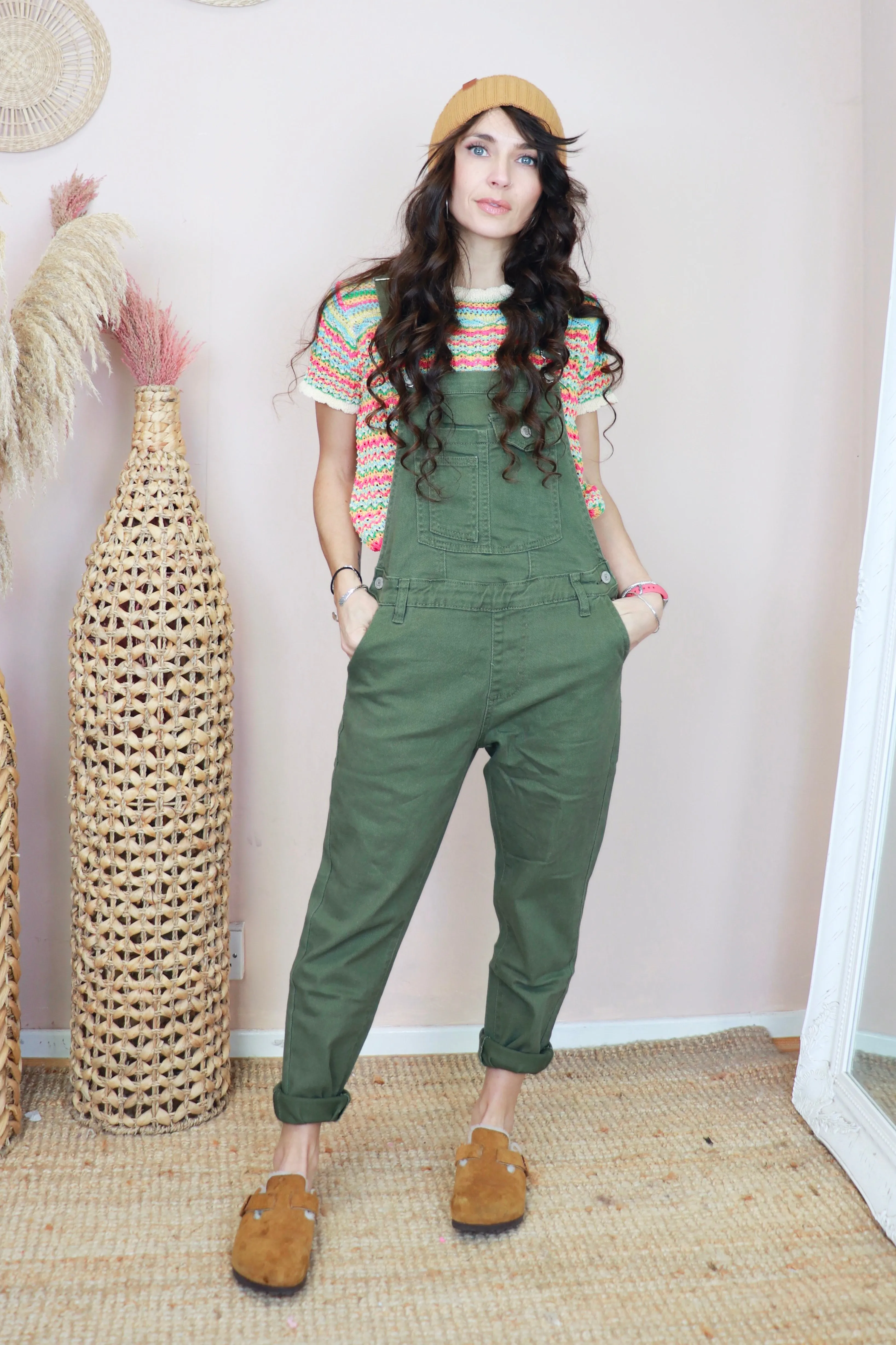 Khaki denim dungarees