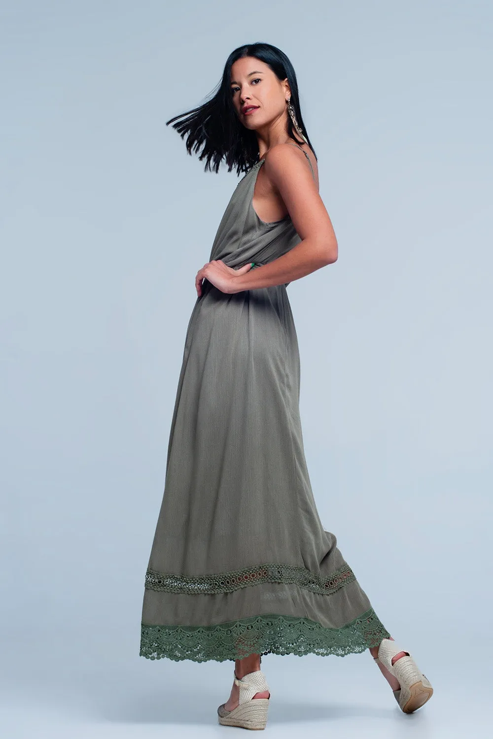 Khaki dress with crotchet trim