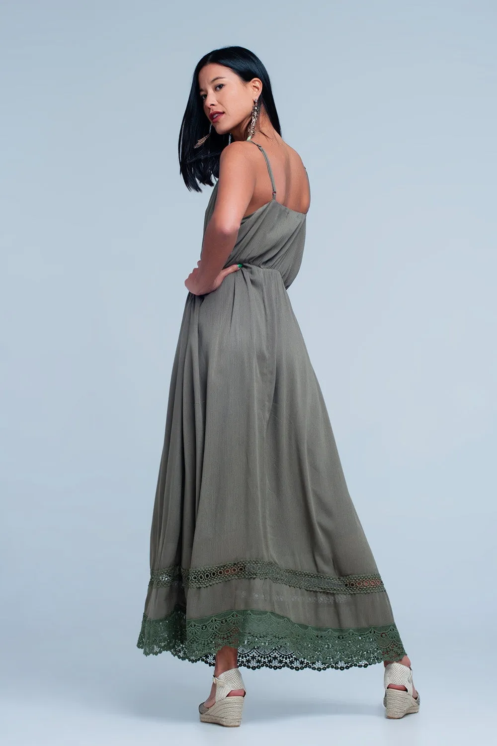 Khaki dress with crotchet trim