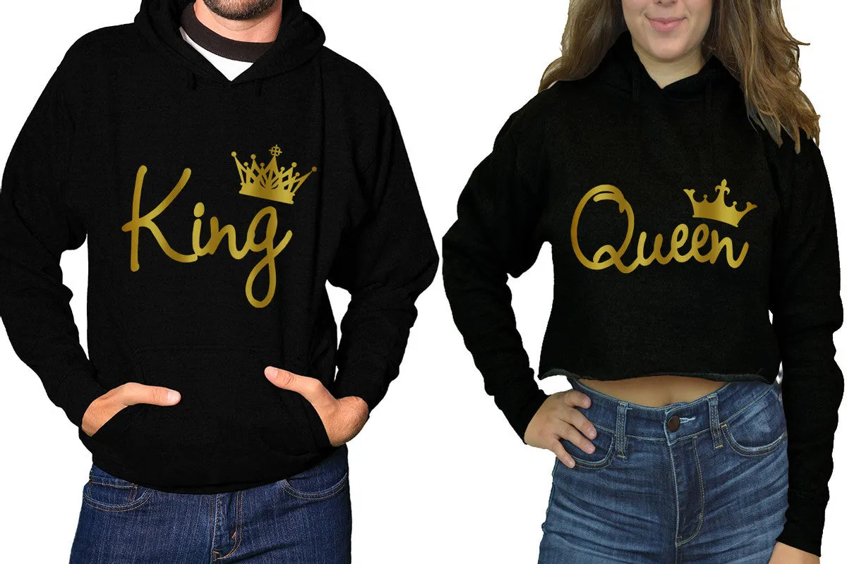 King & Queen Matching Hoodies - Women's Crop Top Hoodie & Men's Pullover, Sold Separately, Gold Foil Design