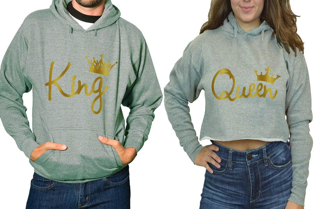 King & Queen Matching Hoodies - Women's Crop Top Hoodie & Men's Pullover, Sold Separately, Gold Foil Design
