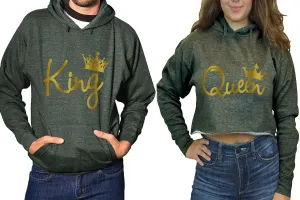 King & Queen Matching Hoodies - Women's Crop Top Hoodie & Men's Pullover, Sold Separately, Gold Foil Design