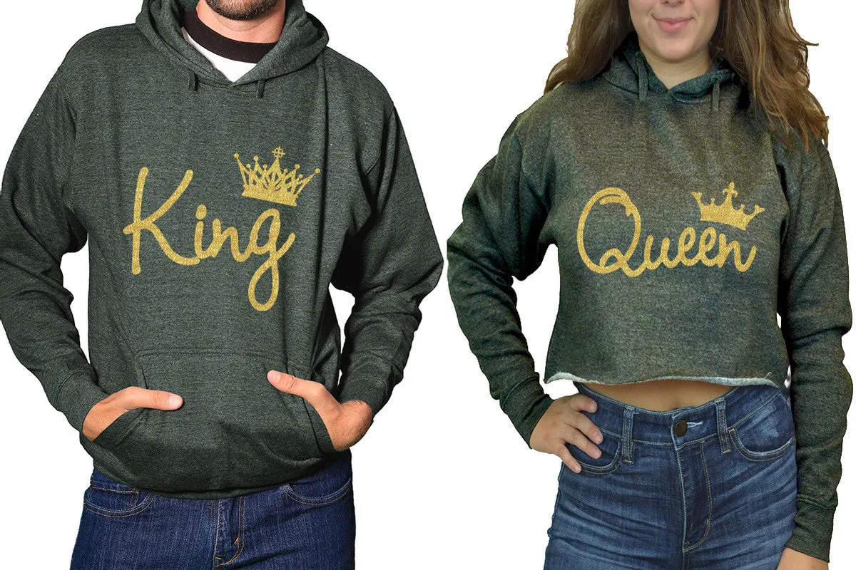 King & Queen Matching Hoodies - Women's Crop Top Hoodie & Men's Pullover, Sold Separately, Gold Glitter Design