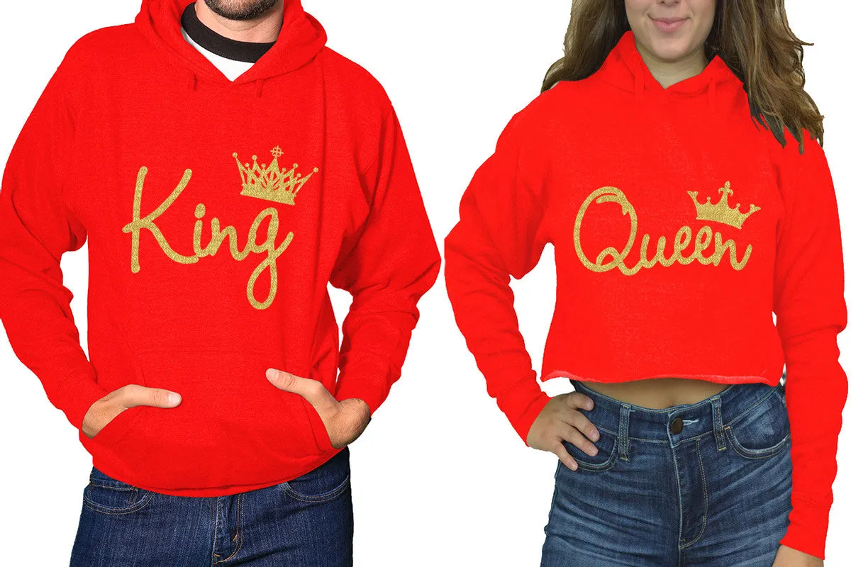 King & Queen Matching Hoodies - Women's Crop Top Hoodie & Men's Pullover, Sold Separately, Gold Glitter Design