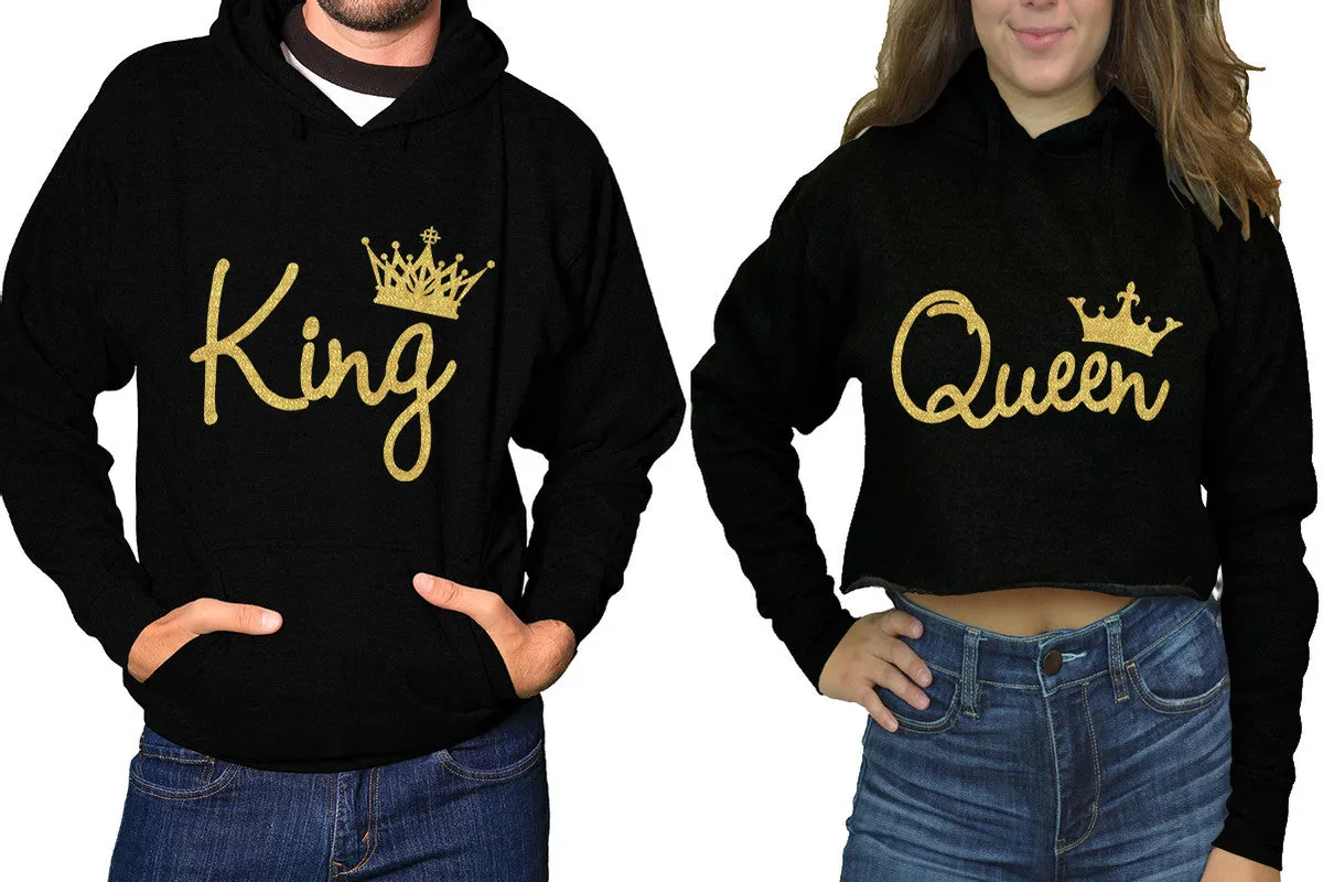 King & Queen Matching Hoodies - Women's Crop Top Hoodie & Men's Pullover, Sold Separately, Gold Glitter Design