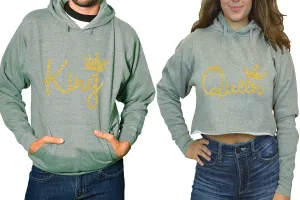 King & Queen Matching Hoodies - Women's Crop Top Hoodie & Men's Pullover, Sold Separately, Gold Glitter Design