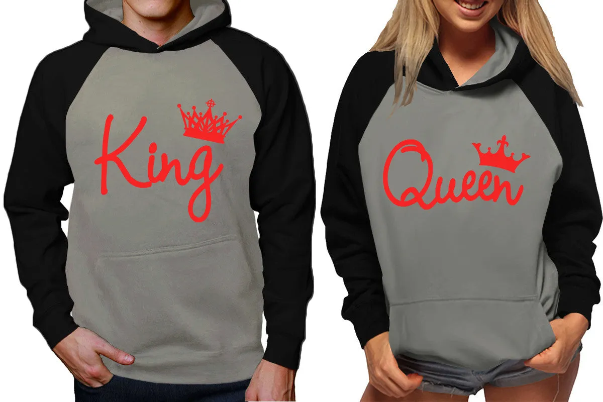 King and Queen Couples Raglan Hoodies in Black & Grey – Stylish Pullover Design | Sold Separately for Men & Women