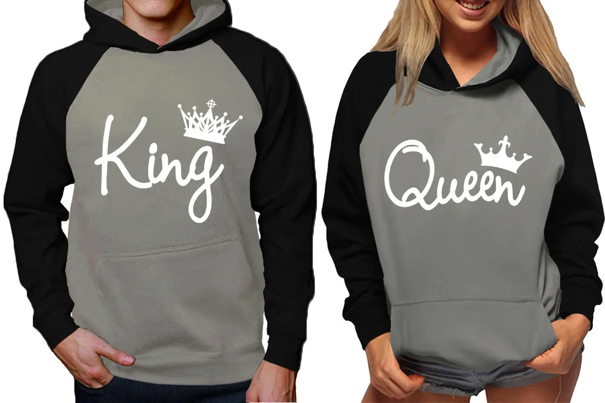 King and Queen Couples Raglan Hoodies in Black & Grey – Stylish Pullover Design | Sold Separately for Men & Women