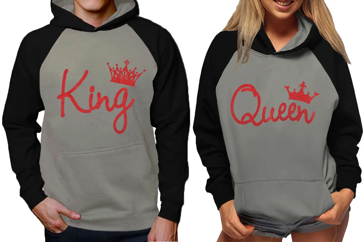 King and Queen Couples Raglan Hoodies in Black & Grey – Stylish Pullover Design | Sold Separately for Men & Women