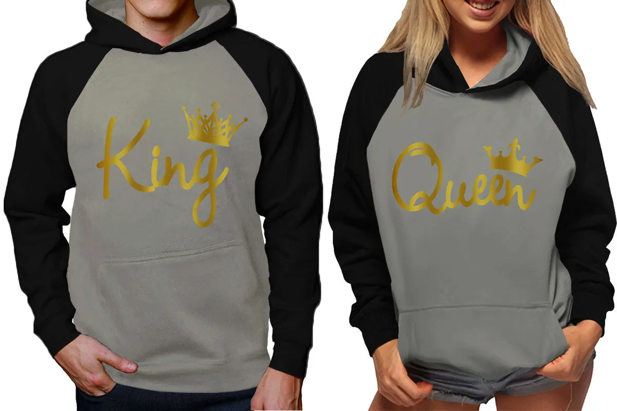 King and Queen Couples Raglan Hoodies in Black & Grey – Stylish Pullover Design | Sold Separately for Men & Women