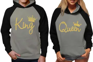 King and Queen Couples Raglan Hoodies in Black & Grey – Stylish Pullover Design | Sold Separately for Men & Women