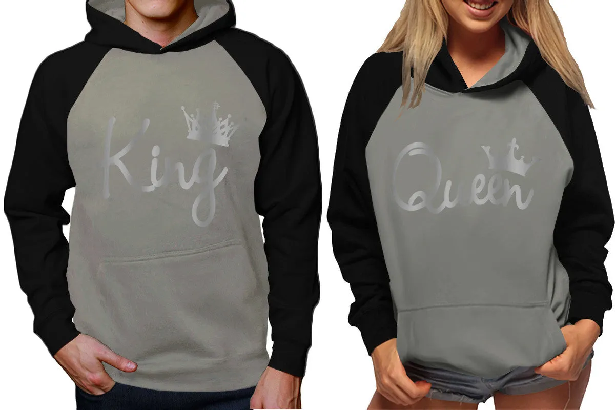 King and Queen Couples Raglan Hoodies in Black & Grey – Stylish Pullover Design | Sold Separately for Men & Women
